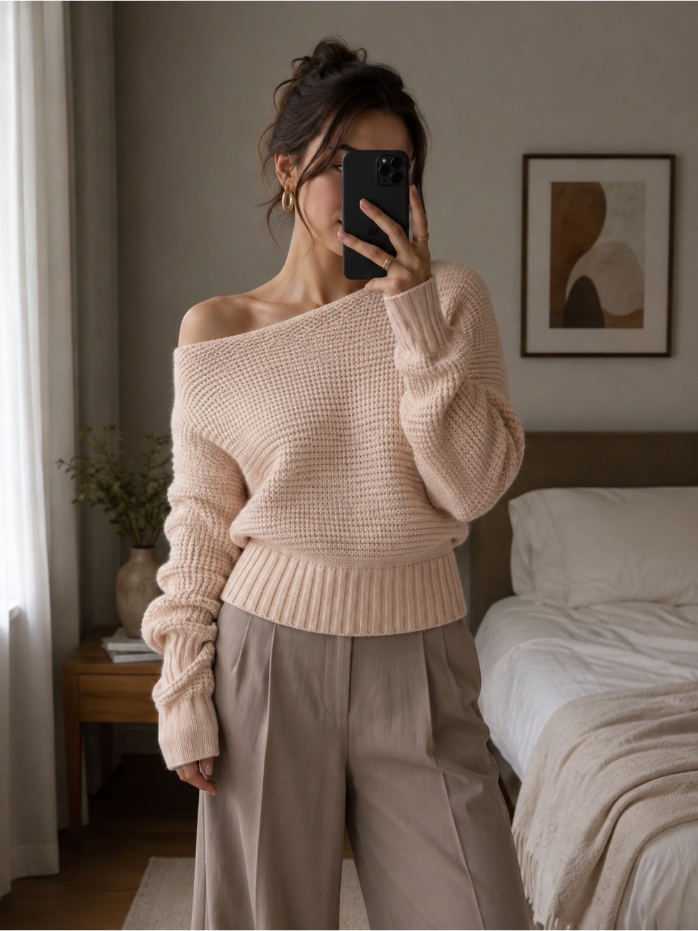 H&M Off Shoulder Knit Sweater Blush Pink Ribbed Cropped Pullover Size M